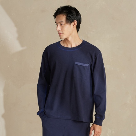 羅紋口袋拼接長袖上衣-靛藍